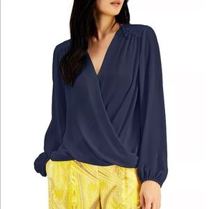 GAP Navy Blue Lightly Draped Cross Front Top Long Sleeves Size Medium